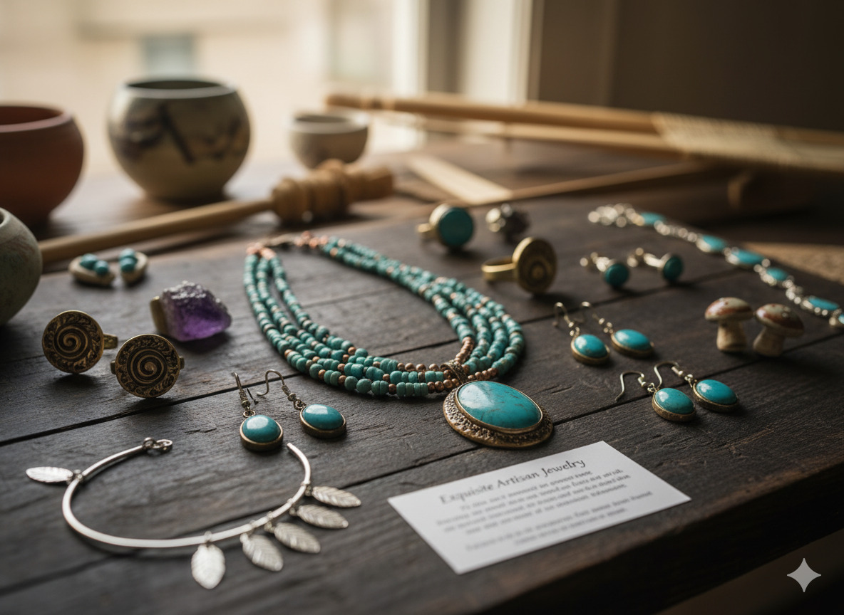 Detailed view of artisan jewelry pieces